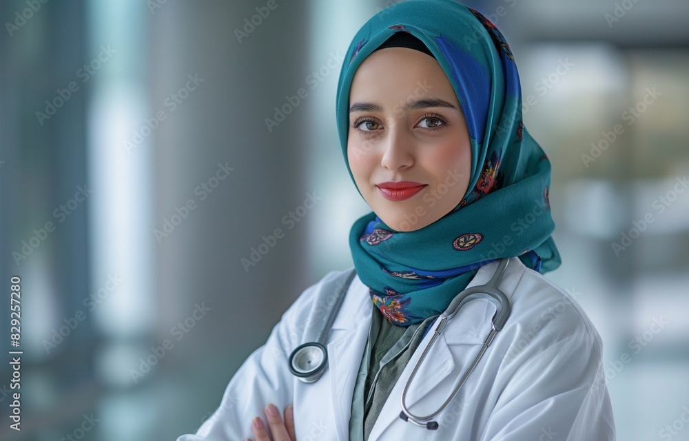 Asian woman working as a successful professional Muslim physician, wearing a white lab coat and a headscarf. Asian woman working as a successful professional Muslim physician, wearing a white lab coat and a headscarf.
