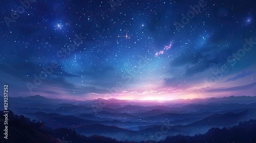 starry sky distant mountains dark blue background