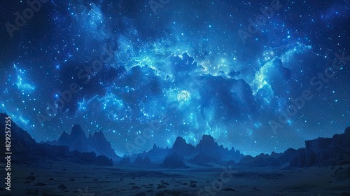starry sky distant mountains dark blue background photo