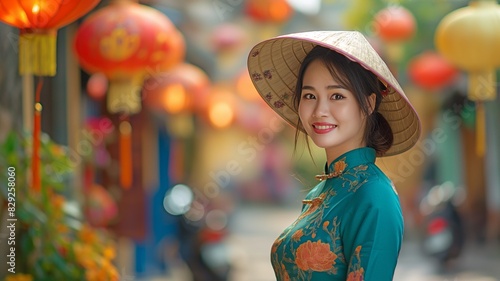 Asian woman dressed traditionally in Vietnamese culture at the old town of Hoi An, Vietnam.