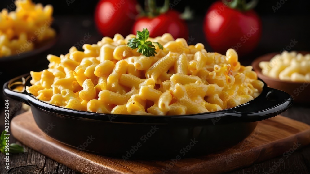 Delicious Creamy Macaroni Homestyle Casserole Served in Elegant Black Baking Dish, Artfully Garnished with Fresh Parsley Delicious Creamy Macaroni Homestyle Casserole Served in Elegant Black Baking Dish, Artfully Garnished with Fresh Parsley