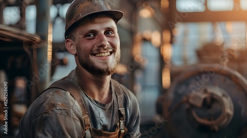 Smiling Blue Collar Worker Proudly Displaying His Work in Industrial Setting © CYBERUSS