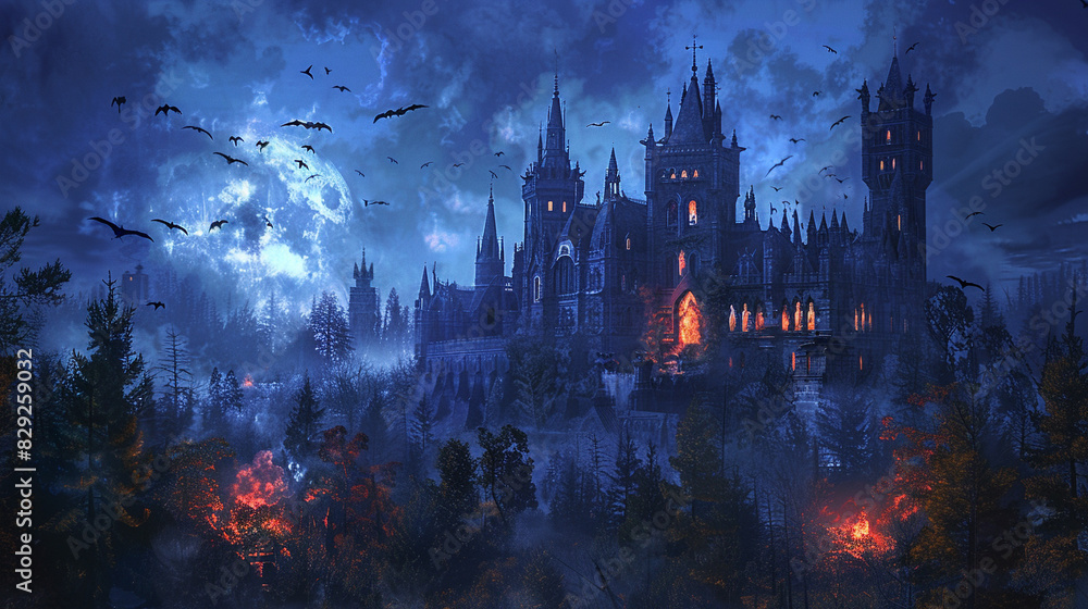Fototapeta premium A dark, gothic castle illuminated by moonlight, with bats flying around and an eerie atmosphere