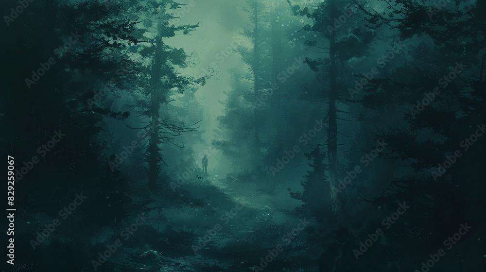 Fototapeta premium A dark, foggy forest with shadows lurking between the trees, creating a sense of dread