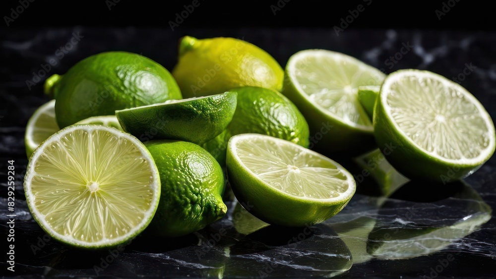 A Collection of Fresh Limes Artfully Arranged on a Dark Surface - Vibrant Citrus Display A Collection of Fresh Limes Artfully Arranged on a Dark Surface - Vibrant Citrus Display