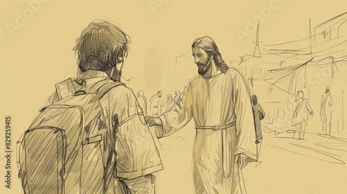Faith and Guidance: Jesus with Person in Bustling City, a Heartwarming Biblical Illustration of Spiritual Support photo