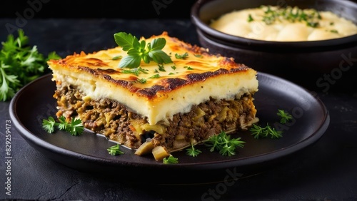 Minimalist Elegance in Layered Baked Delicacy with Creamy Meat, Vegetables, and Cheese Topping
