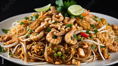 A Savory Medley, Chicken, Vegetable, and Peanut Enhanced Noodles Served in a White Dish with Garnish Side Accompaniments
