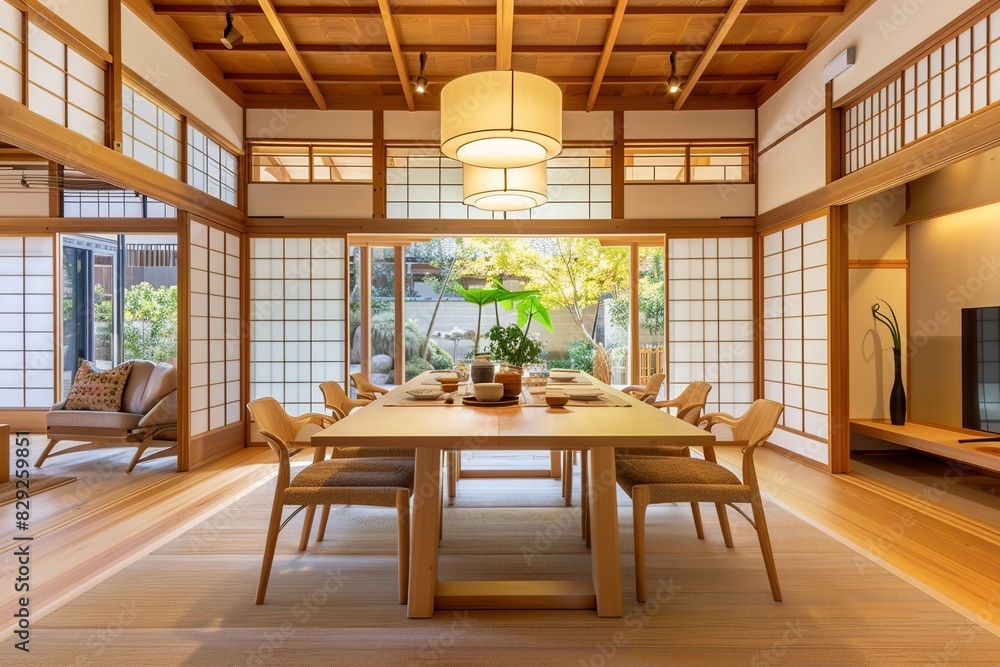 Elegant Japandi dining room with natural light and wooden furniture Elegant Japandi dining room with natural light and wooden furniture