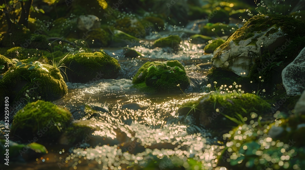 Sunlight dappling on green moss covered rocks in stream