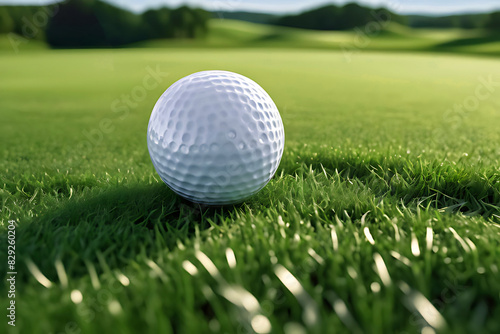 White golf ball sits on a lush green  its shiny surface reflecting the warm sunlight.