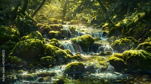 Sunlight dappling on green moss covered rocks in stream