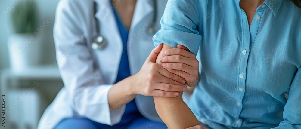 In the clinic's office, physical therapists are examining patients' elbows.