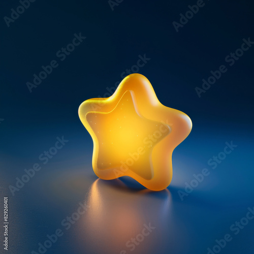 A 3D fluffy soft pop-style star  bright yellow with a soft glow  floating on a plain dark blue background. The background is smooth and simple  emphasizing the star. Gentle lighting creates a soft