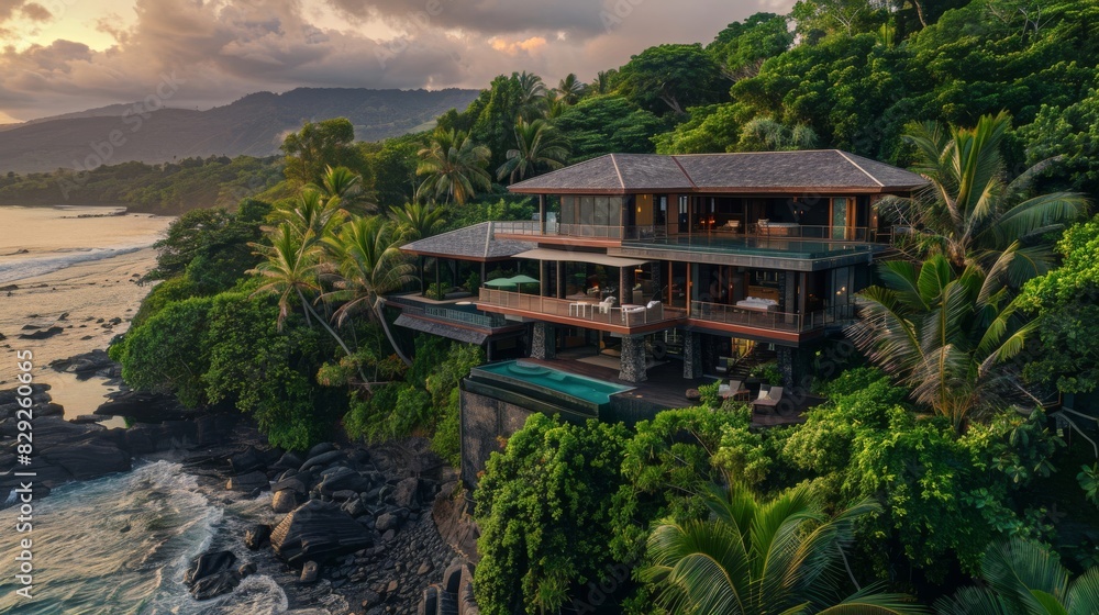 A secluded oceanfront hideaway with a private beach and lush tropical foliage A secluded oceanfront hideaway with a private beach and lush tropical foliage
