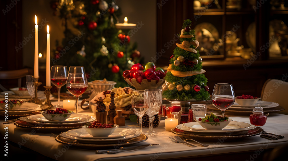 Photo of christmas dinner table with foods and drinks in christmas background, Christmas Dining Celebration: Dinner Table Laden with Foods and Drinks in Festive Background - Adobe Stock Photo of christmas dinner table with foods and drinks in christmas background, Christmas Dining Celebration: Dinner Table Laden with Foods and Drinks in Festive Background - Adobe Stock