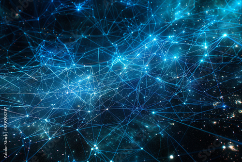 Cobalt blue fibers on a dark grid highlight logistic communications and network flow. © Mehboob