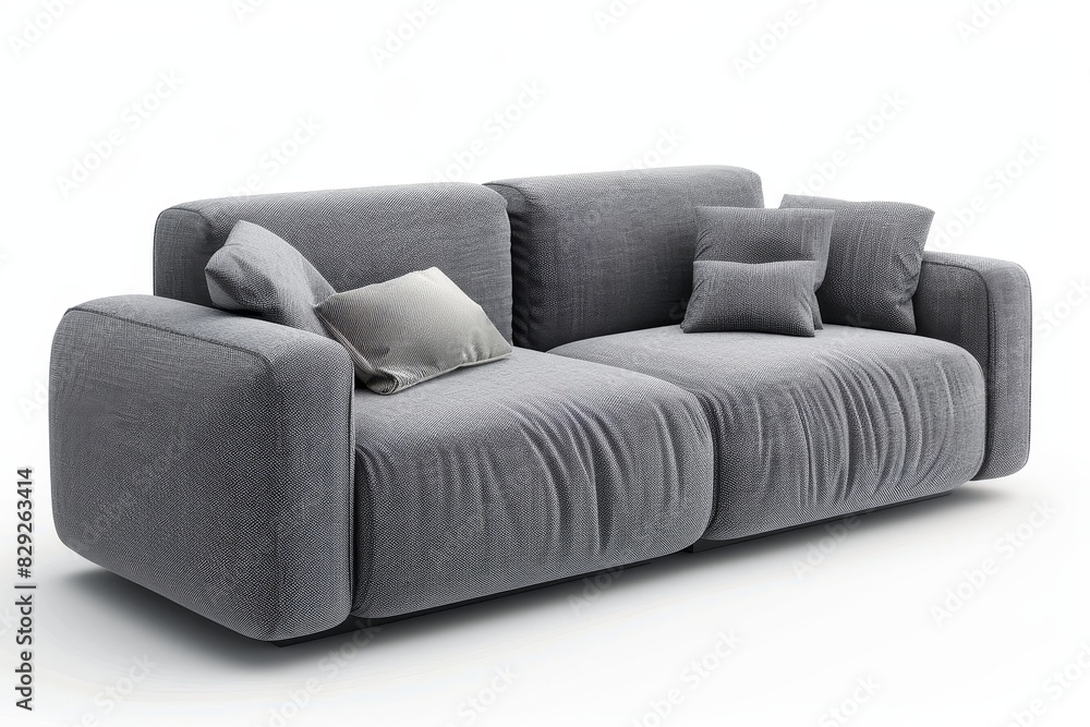 Fototapeta premium Grey fabric sofa isolated on white background viewed from the side