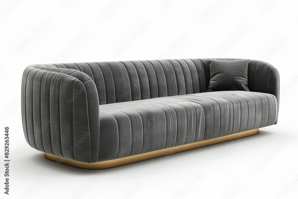 Fototapeta premium Grey modern fabric sofa white background side view Contemporary couch minimalist style home design
