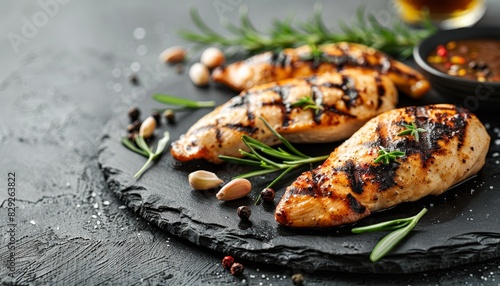 Grilled chicken on slate plate concrete backdrop
