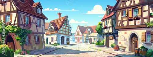 A half-timbered house on a medieval german street. Cartoon landscape.