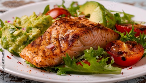 Grilled salmon with green lettuce tomato salad and avocado guacamole