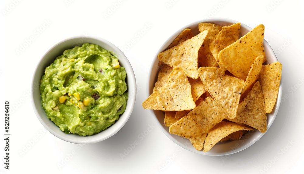 Guacamole and chips with white background top view Guacamole and chips with white background top view