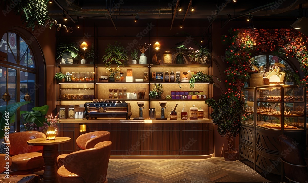 Illustrate a cozy chocolate cafe ambiance, with warm lighting, plush seating, and shelves adorned with gourmet treats near the cacao bar, Generate AI.