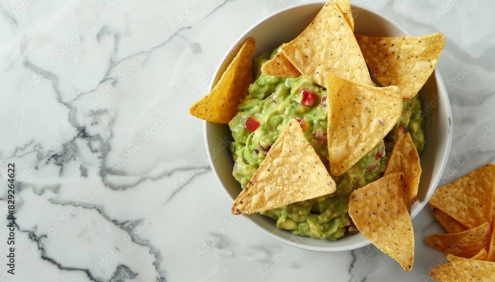 Guacamole and corn chips served on marble Guacamole and corn chips served on marble