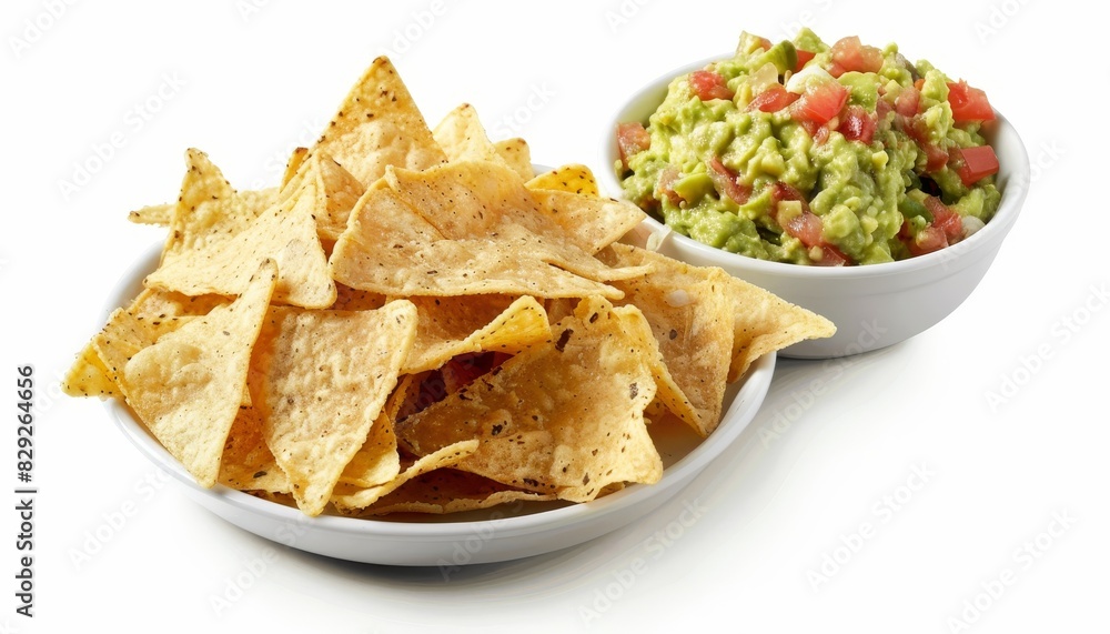 Guacamole and nachos on white background in focus Guacamole and nachos on white background in focus