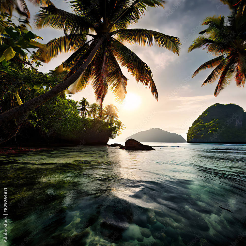 Fototapeta premium the coconut tress in the side of the beach in sea created using AI