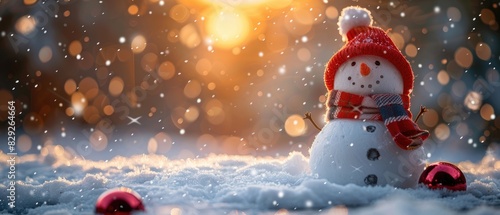 Cute snowman with red hat and scarf standing in the snow during snowfall against blurred background of sunset photo