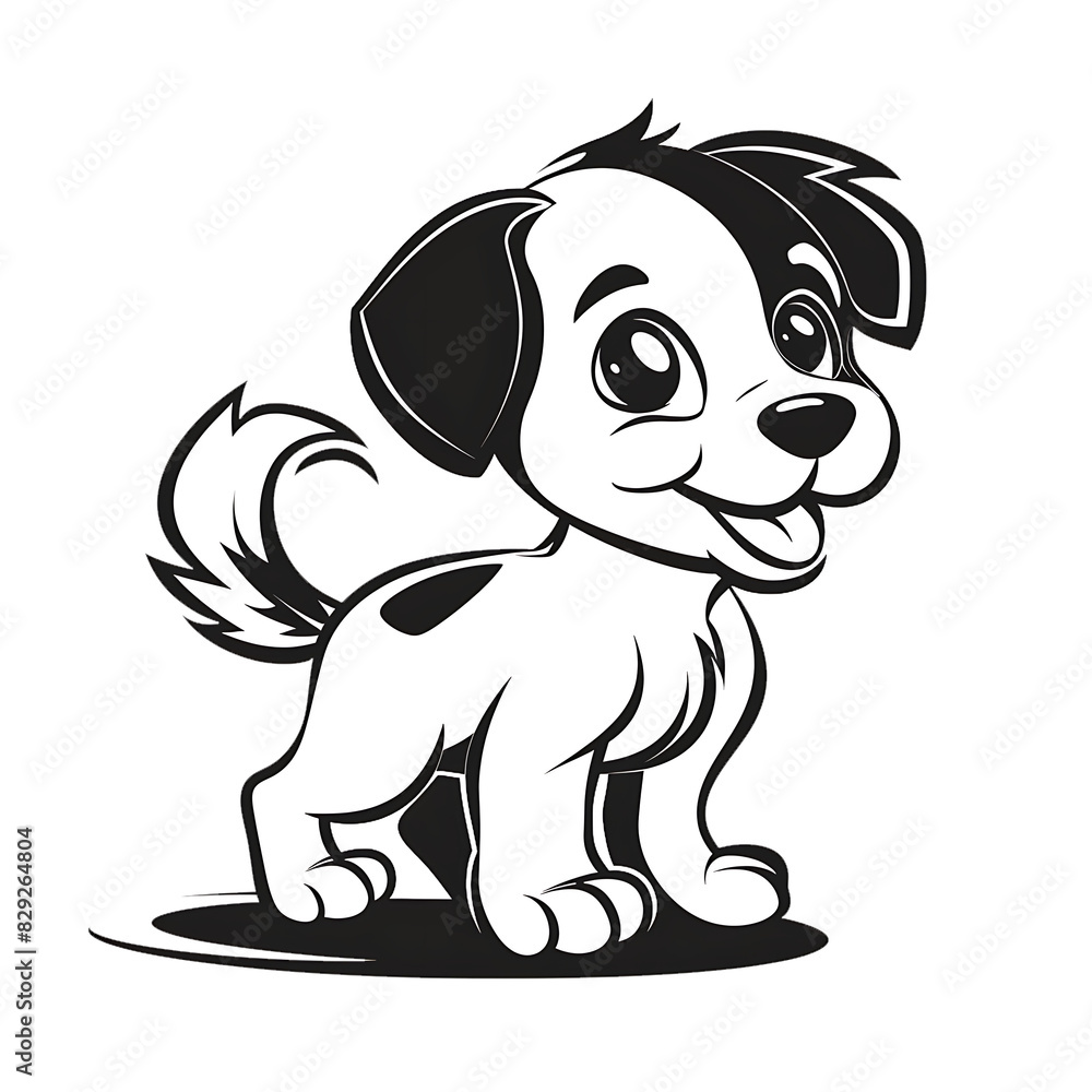 Simple Flat Vector Illustration of Baby Dog Wagging Tail - Black Outline, White Background Simple Flat Vector Illustration of Baby Dog Wagging Tail - Black Outline, White Background