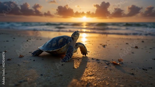 portrait of a turtle sunbathing on the beach photo