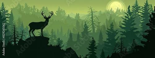 A deer standing against the background of a wild forest with pine trees. Silhouette illustration.