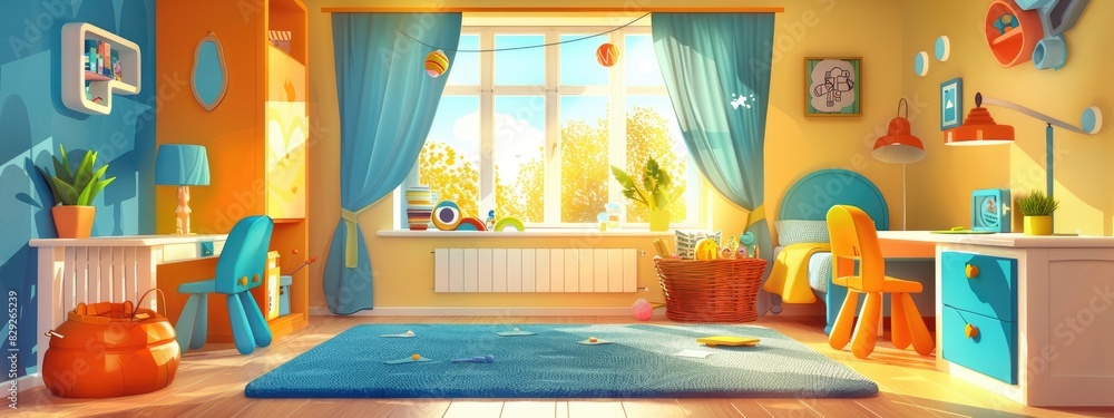the interior of a cozy children's room with a window decorated in bright colors. Cartoon illustration. the interior of a cozy children's room with a window decorated in bright colors. Cartoon illustration.