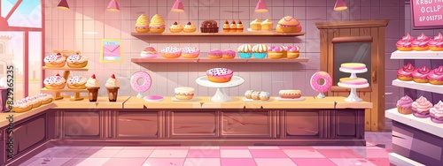 The interior of a bakery with a counter with pastries with donuts, cupcakes and cakes. Cartoon illustration. photo