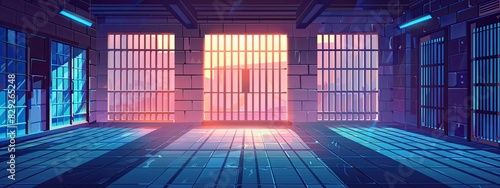 The interior of a prison cell or corridor with iron bars on the windows and doors. Cartoon illustration.