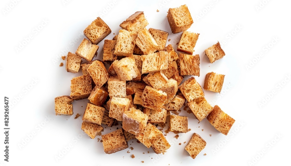 Heap of homemade bread croutons on white background top view Various crispy cubes rye crumbs rusks and roasted crackers collection Heap of homemade bread croutons on white background top view Various crispy cubes rye crumbs rusks and roasted crackers collection