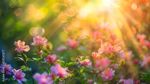 Sunlight shining on blooming flowers in spring garden © ZALA