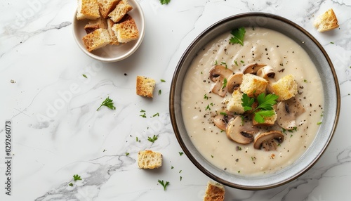 Mushroom soup with vegetarian croutons on white marble photo