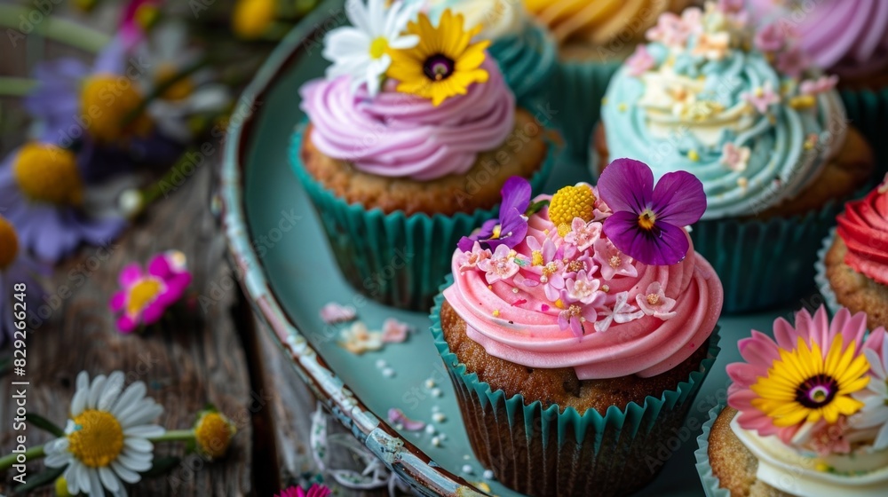 A batch of organic vegan cupcakes decorated with colorful frosting and edible flowers. A batch of organic vegan cupcakes decorated with colorful frosting and edible flowers.