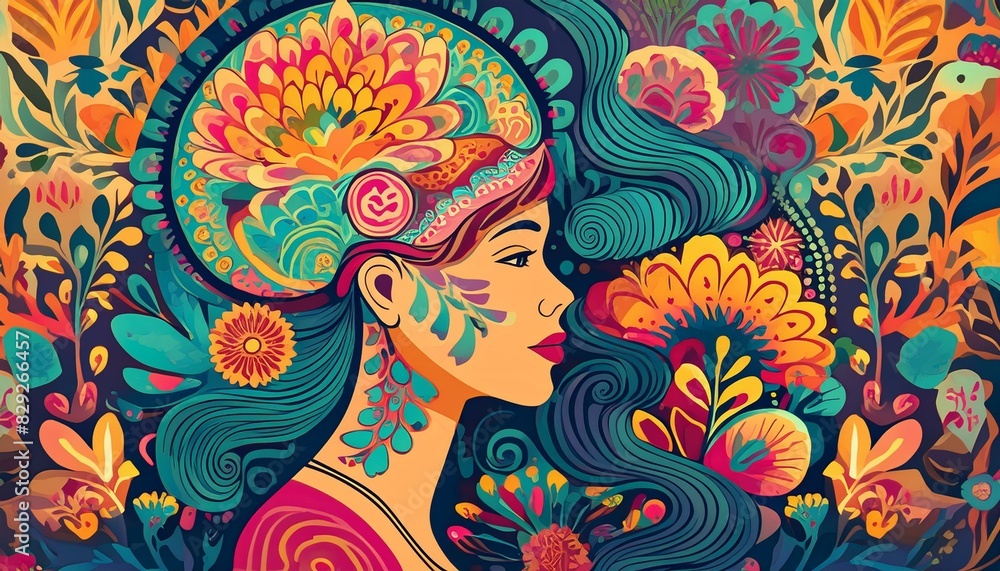 Decorative female outline adorned with radiant flora on an artistic backdrop, capturing the essence of cultural vibrancy Decorative female outline adorned with radiant flora on an artistic backdrop, capturing the essence of cultural vibrancy
