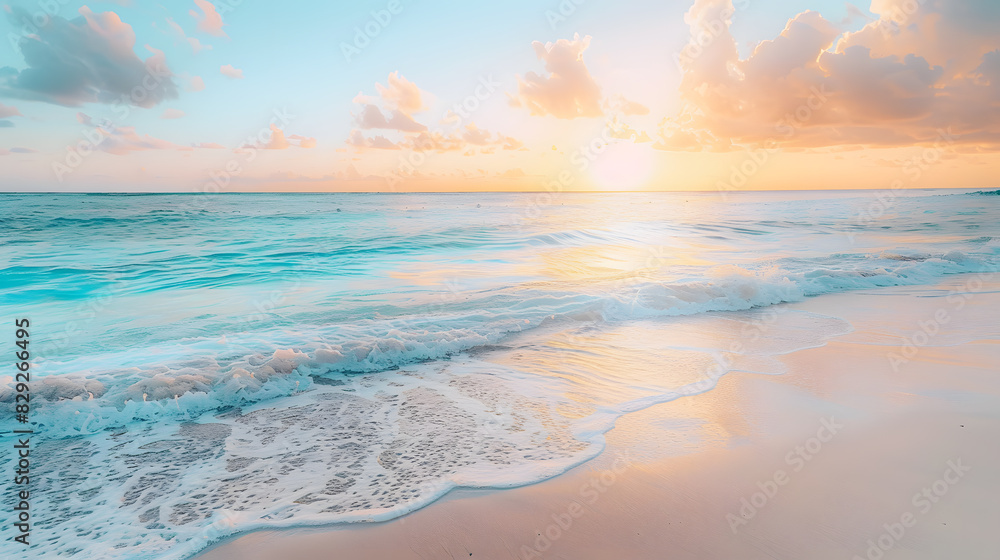 The ocean is calm and the sun is setting, creating a beautiful The ocean is calm and the sun is setting, creating a beautiful