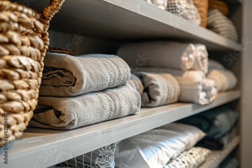 Neatly arranged linens in closet minimalistic storage with space for more Towels in basket bedding in cupboard