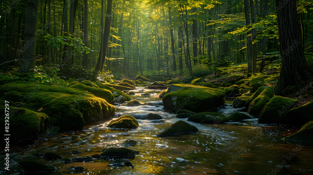 Obraz premium A stream of water flows through a forest with moss growing on the rocks
