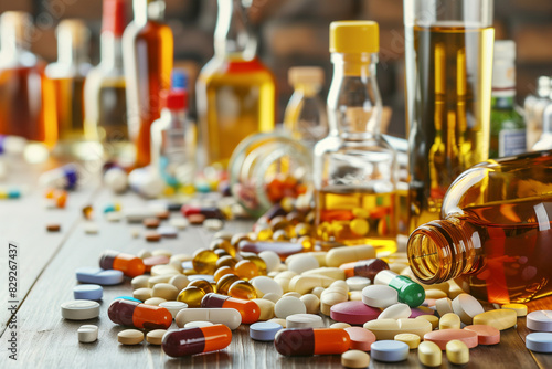 A table with many bottles and pills on it. The bottles are of different colors and sizes, and the pills are scattered around them. The scene gives off a sense of disorganization and clutter