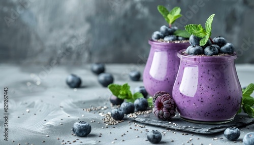 Purple homemade yogurt or smoothie with blueberries chia seeds and mint leaves in glass jars on a gray background focused