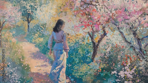 A Girl Strolling in a Garden