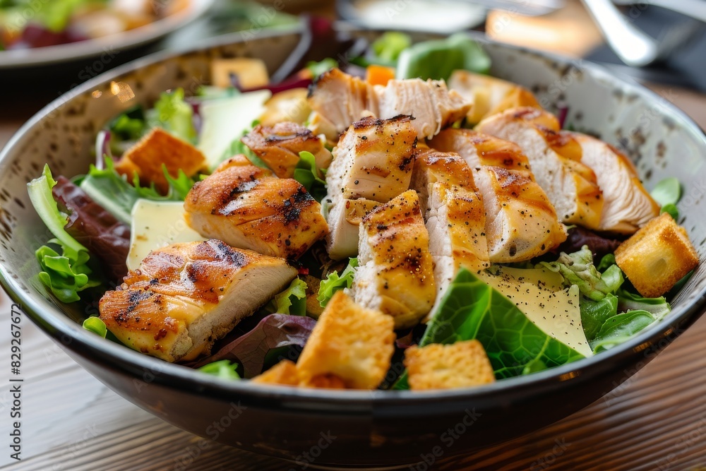 Nutritious salad with various toppings at restaurant table Nutritious salad with various toppings at restaurant table